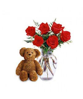 Six Premium Long Stemmed Roses with a Bear Six Premium Long Stemmed Roses with a Bear